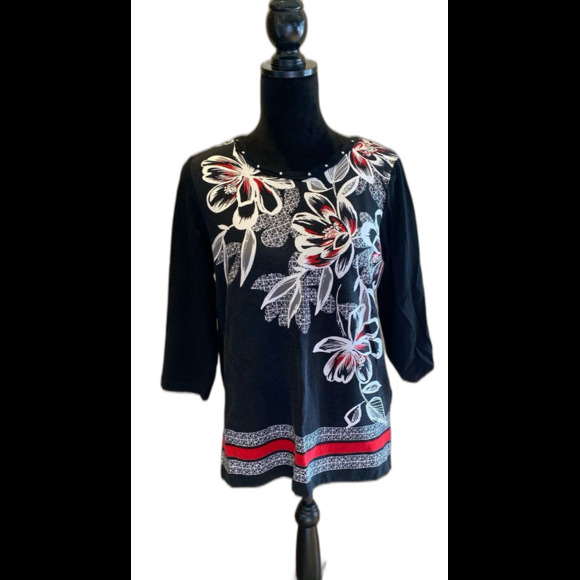 Alfred Dunner Knit Top Size Small 95% Cotton 5% Spandex Black Red Floral Bling - Picture 1 of 10